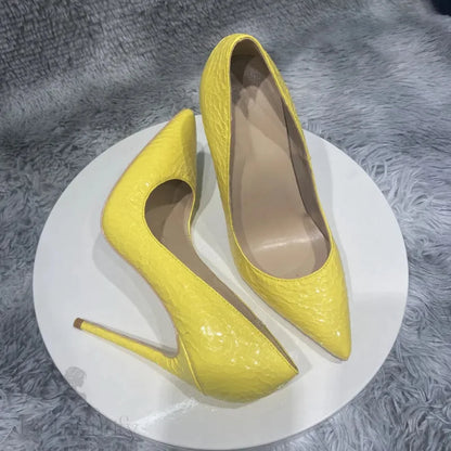 Yellow Crocodile Effect Pointy Toe High Heel Sexy Party Shoes For Women