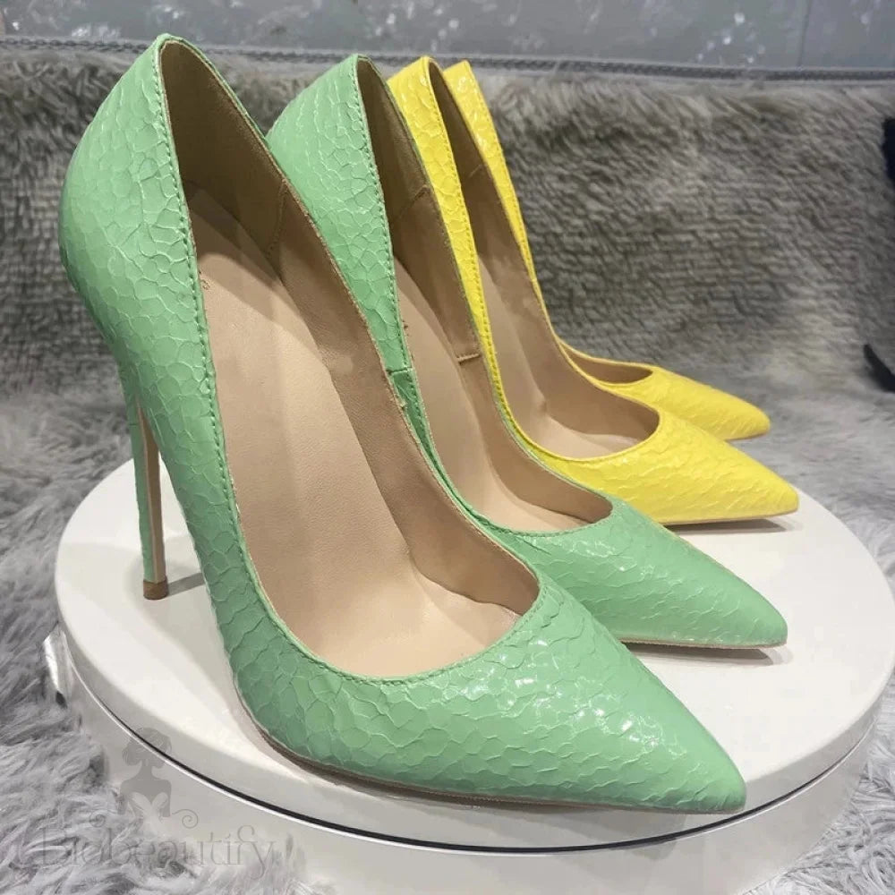 Yellow Crocodile Effect Pointy Toe High Heel Sexy Party Shoes For Women