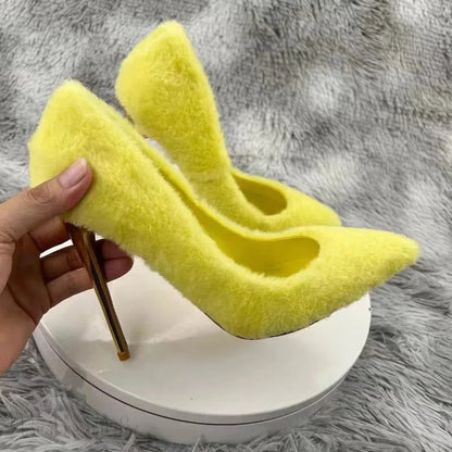 Yellow Faux Fur Pointy Toe High Heel Shoes For Women