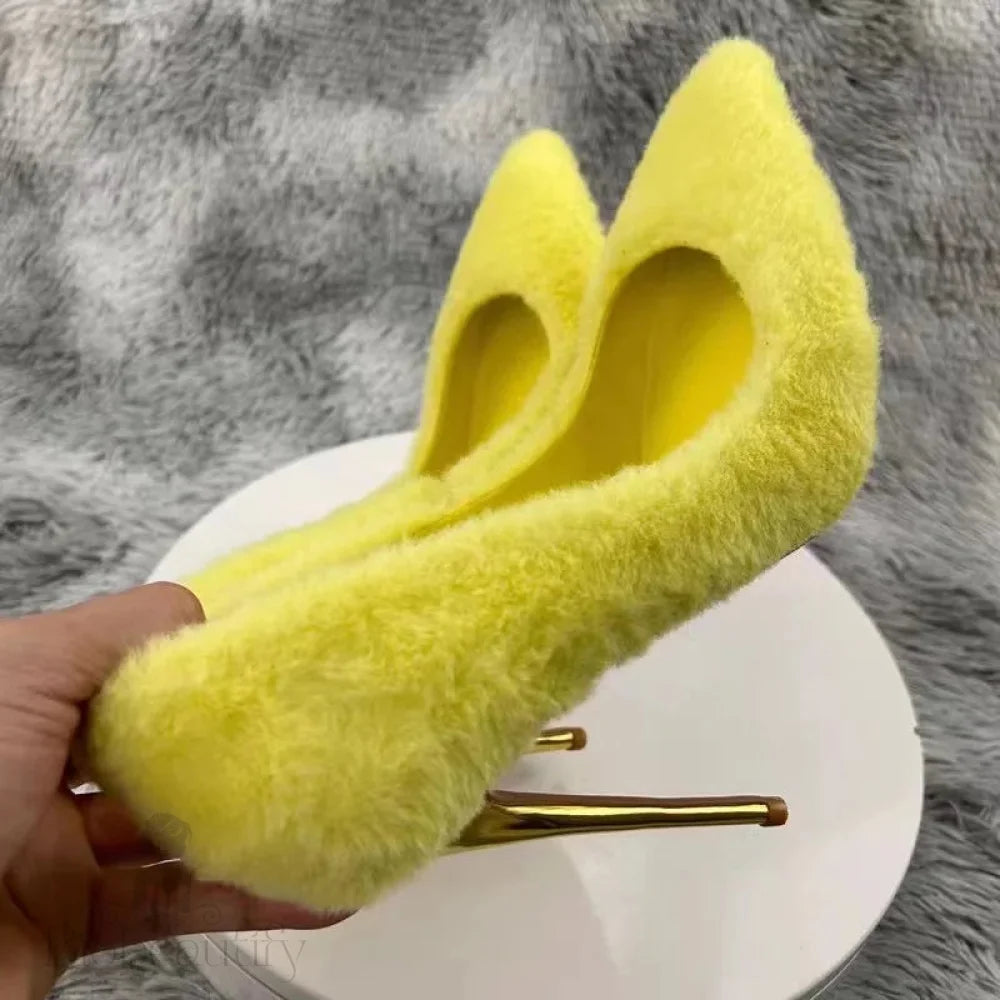 Yellow Faux Fur Pointy Toe High Heel Shoes For Women