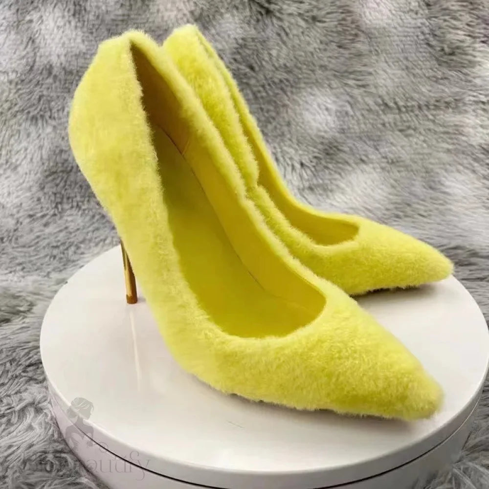 Yellow Faux Fur Pointy Toe High Heel Shoes For Women