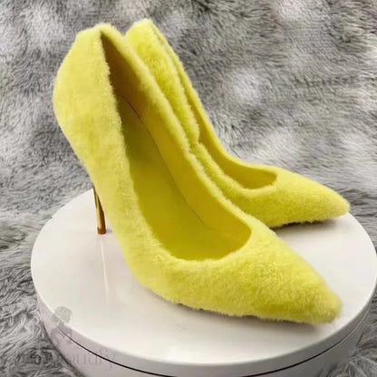 Yellow Faux Fur Pointy Toe High Heel Shoes For Women