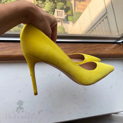 Yellow Flock Pointed Toe Stilettos High Heels Chic Ladies Fashion Pumps