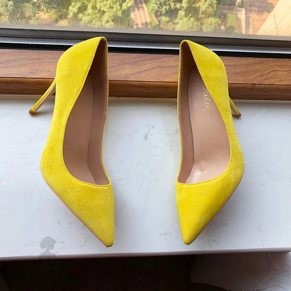 Yellow Flock Pointed Toe Stilettos High Heels Chic Ladies Fashion Pumps