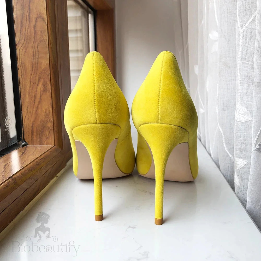 Yellow Flock Pointed Toe Stilettos High Heels Chic Ladies Fashion Pumps