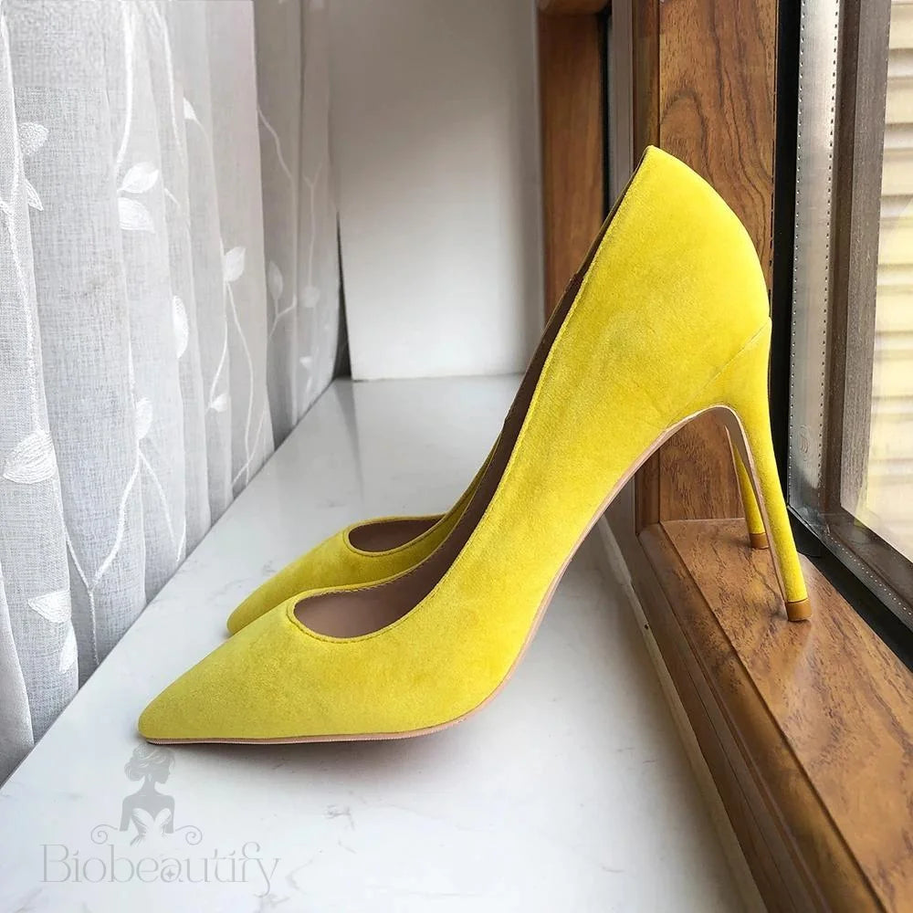 Yellow Flock Pointed Toe Stilettos High Heels Chic Ladies Fashion Pumps