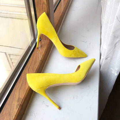 Yellow Flock Pointed Toe Stilettos High Heels Chic Ladies Fashion Pumps