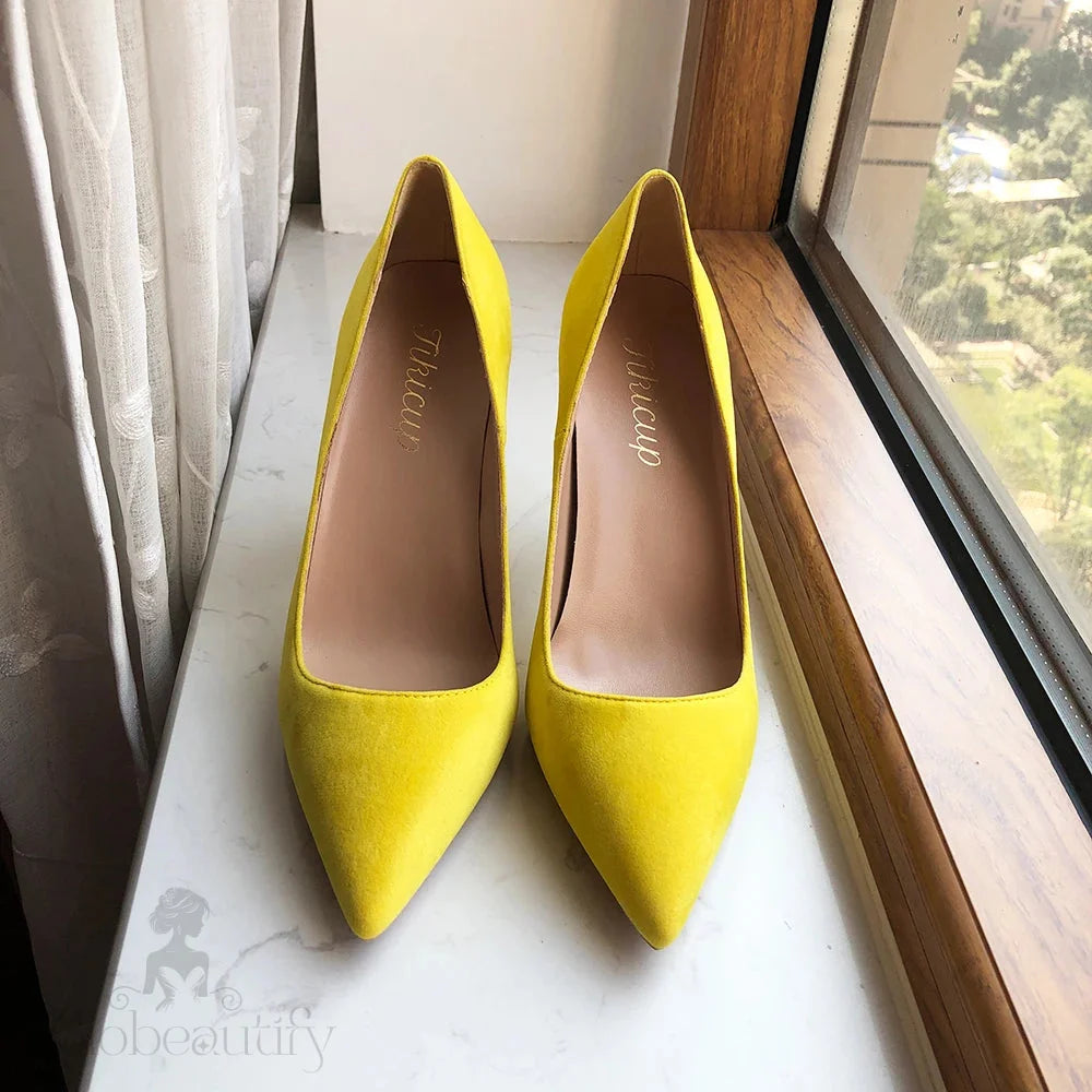 Yellow Flock Pointed Toe Stilettos High Heels Chic Ladies Fashion Pumps