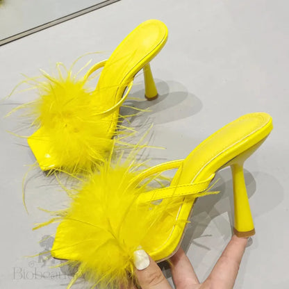 Yellow Fluffy Furry Women’s High Heel Slippers Mules For Summer Fashion