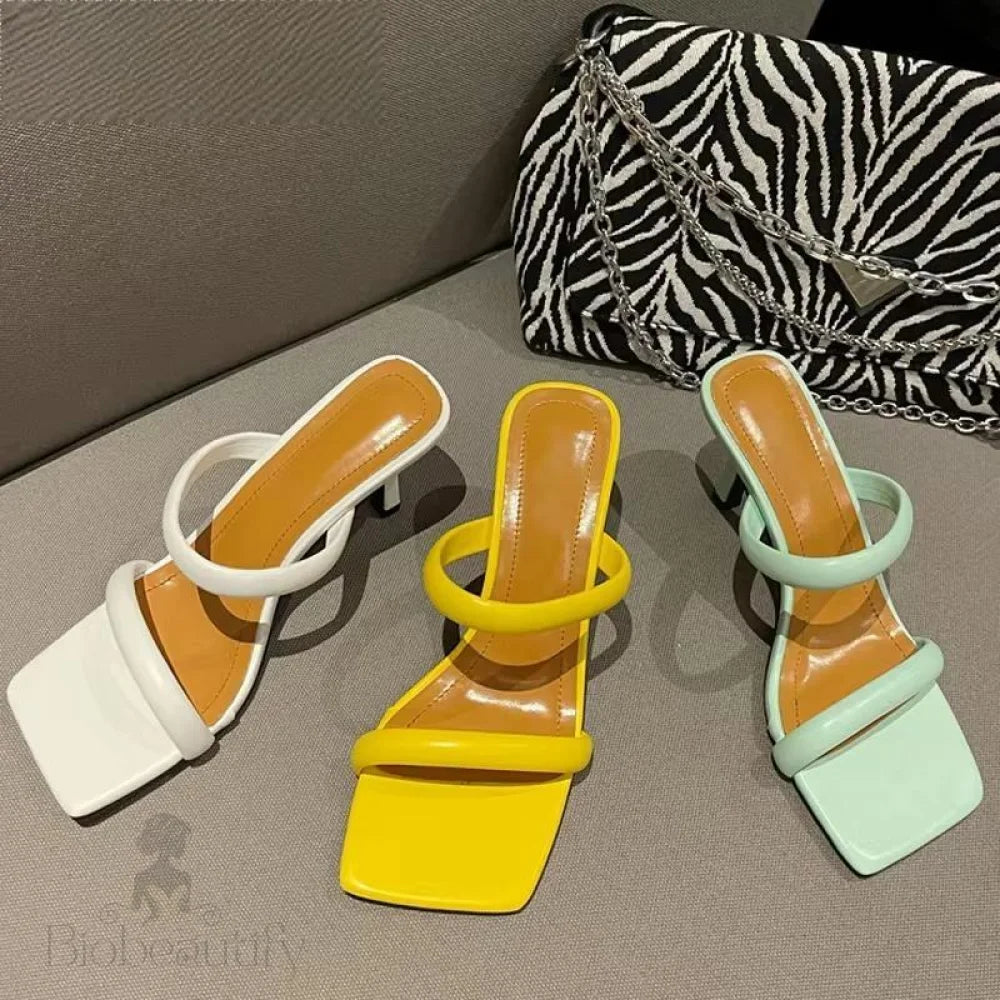 Yellow White Thin Heels Slippers Sandals For Women