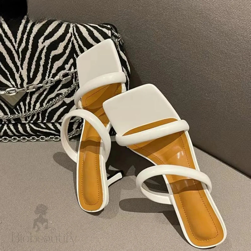 Yellow White Thin Heels Slippers Sandals For Women