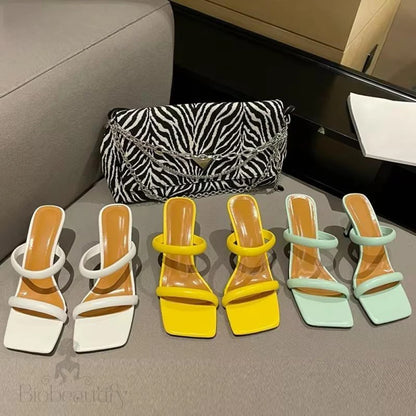 Yellow White Thin Heels Slippers Sandals For Women