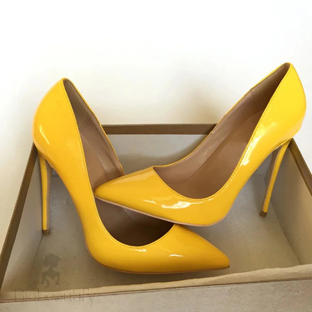 Yellow Women Patent Pointed Toe Pumps High Heels For Party Dress Fashion