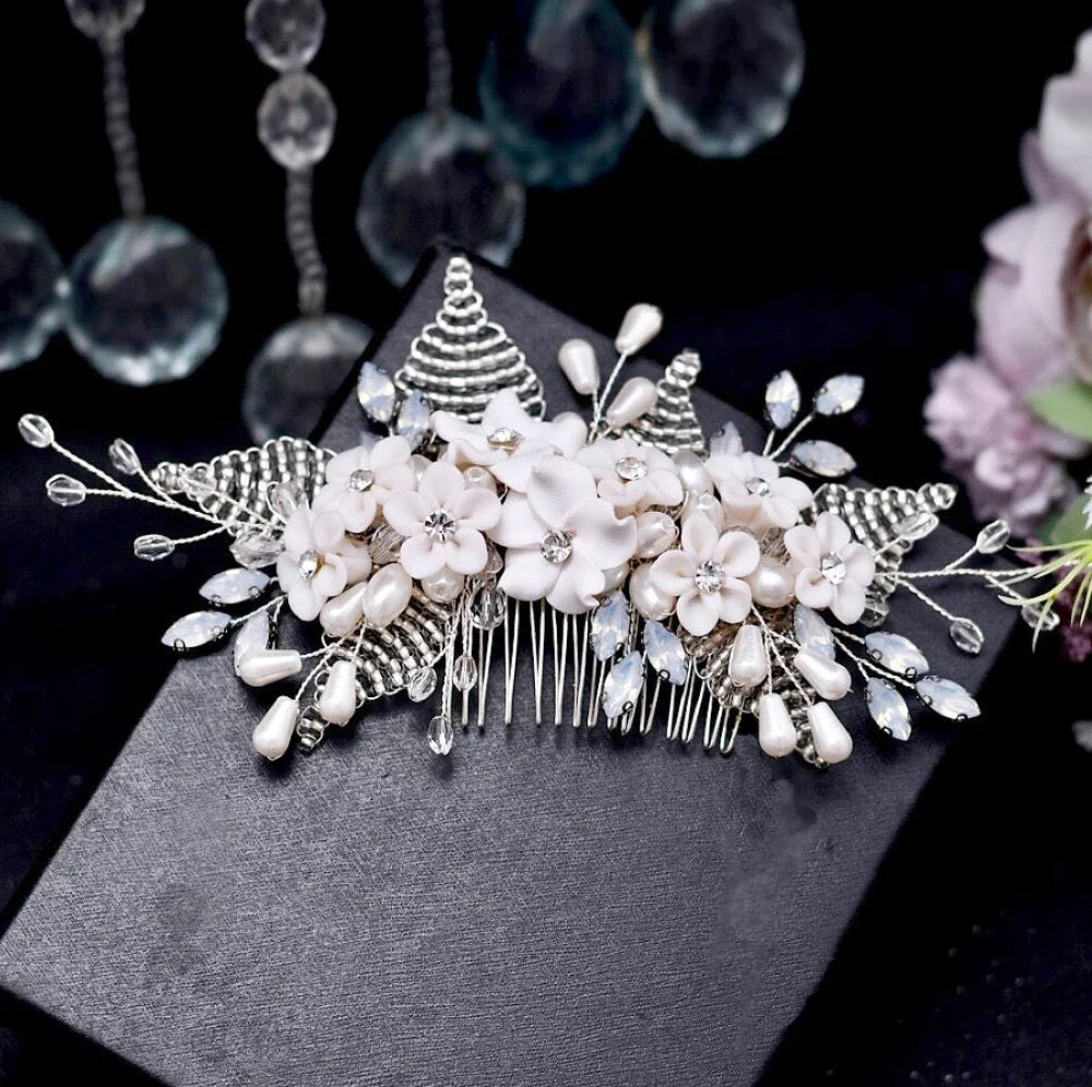 Yolanda Ceramic Flower And Opal Hair Comb For Brides