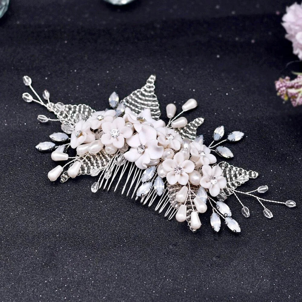 Yolanda Ceramic Flower And Opal Hair Comb For Brides