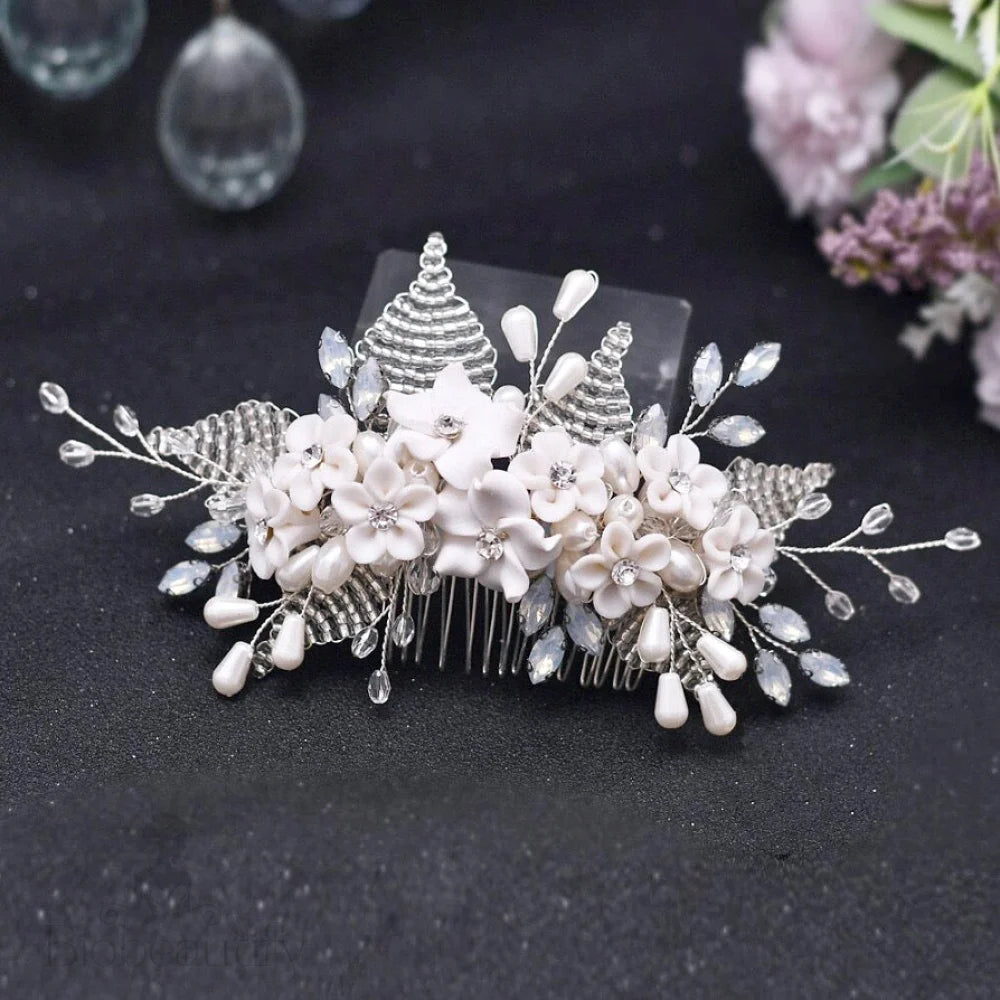 Yolanda Ceramic Flower And Opal Hair Comb For Brides