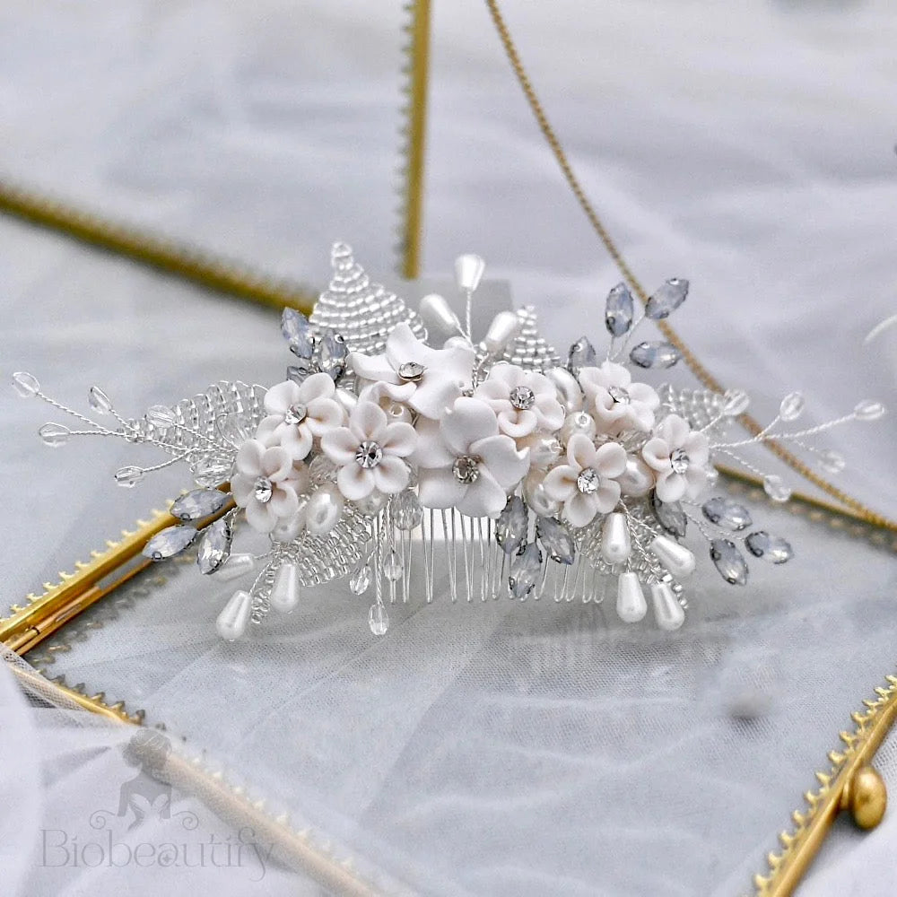 Yolanda Ceramic Flower And Opal Hair Comb For Brides