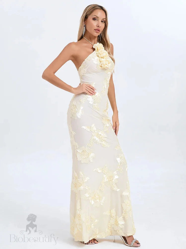 Ysabella Floral Applique Mesh Halter Gown