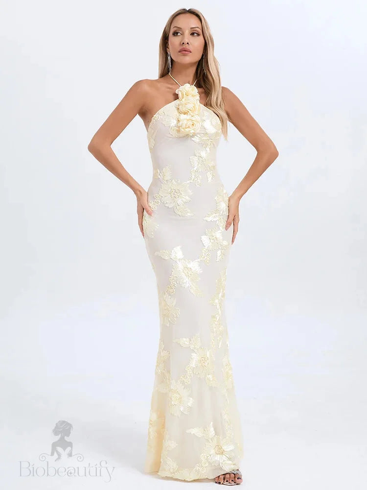 Ysabella Floral Applique Mesh Halter Gown