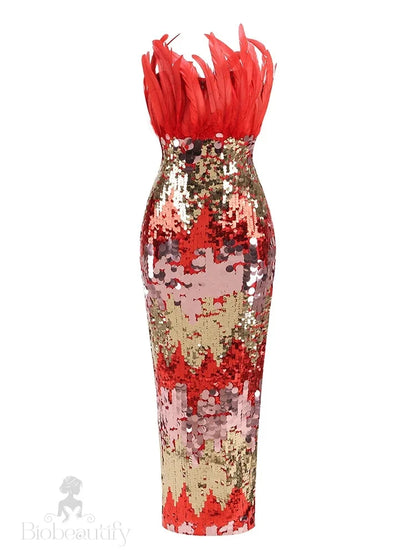 Yvaine Strapless Red Dress With Feathers And Sequins