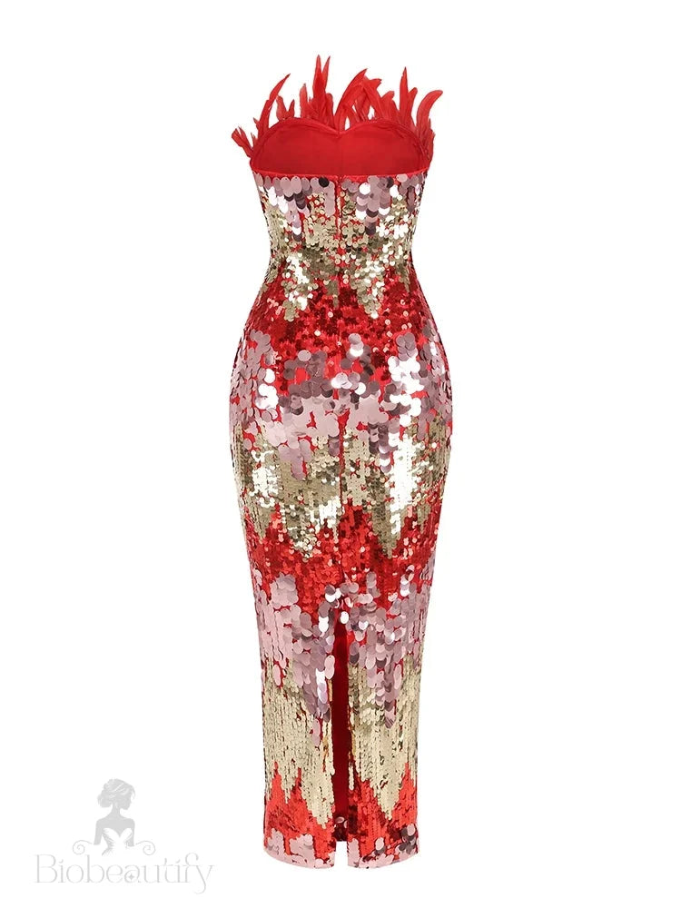 Yvaine Strapless Red Dress With Feathers And Sequins