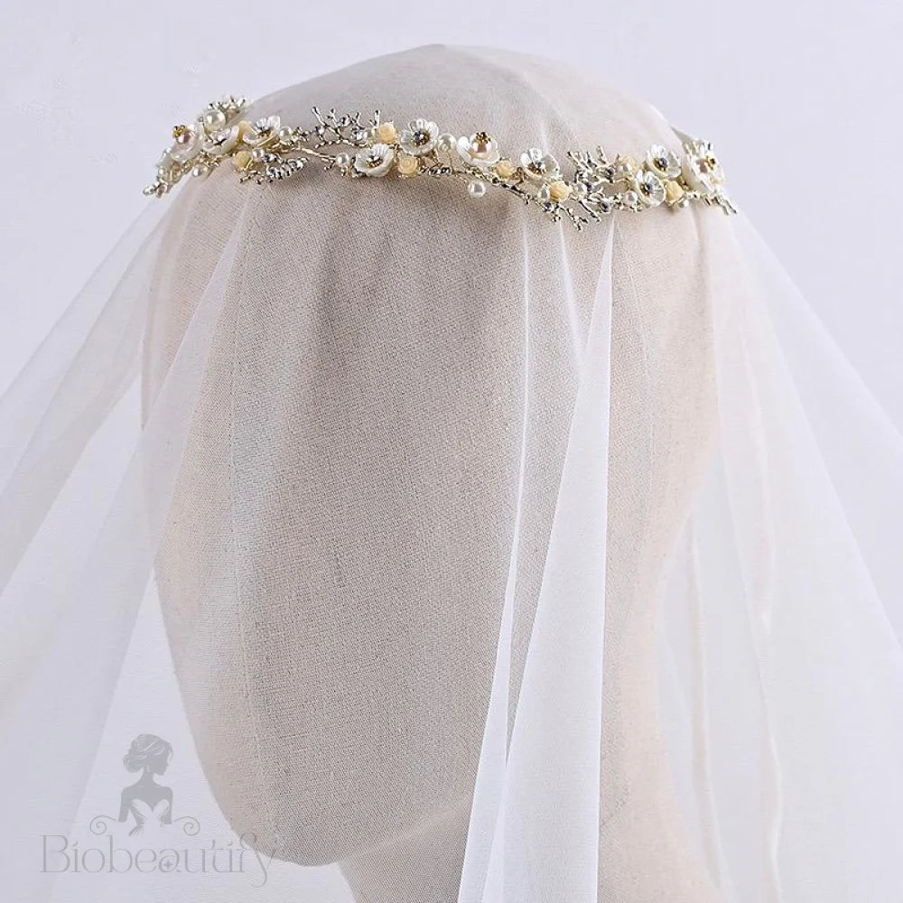 Yvonne Pearl And Crystal Bridal Headband In Yellow Gold Rose Silver