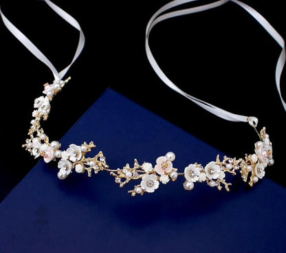 Yvonne Pearl And Crystal Bridal Headband In Yellow Gold Rose Silver