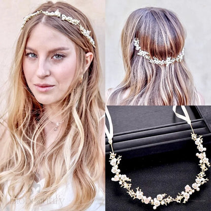 Yvonne Pearl And Crystal Bridal Headband In Yellow Gold Rose Silver