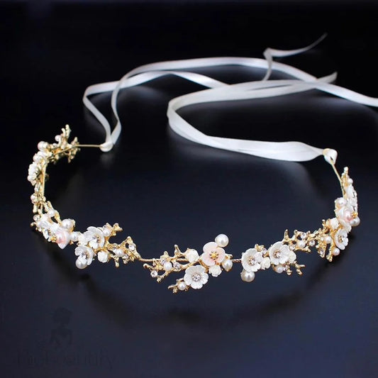 Wedding Hair Accessories - Pearl and Crystal Bridal Headband - Available in Yellow Gold