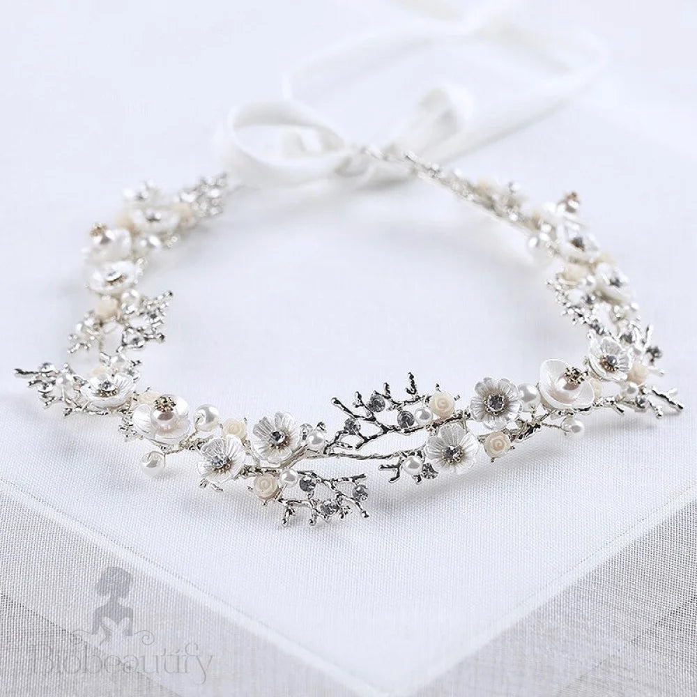 Yvonne Pearl And Crystal Bridal Headband In Yellow Gold Rose Silver