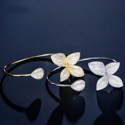 Zinnia Bridal Bangle Bracelet With Cubic Zirconia In Silver And Yellow Gold