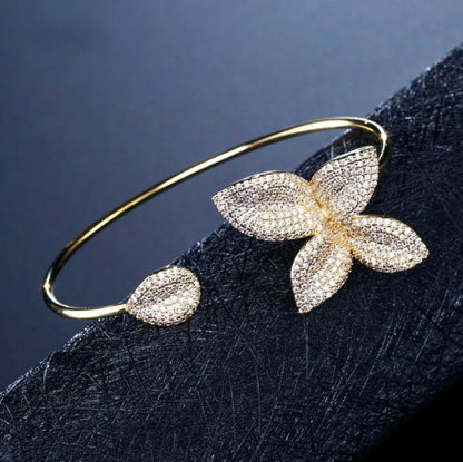 Zinnia Bridal Bangle Bracelet With Cubic Zirconia In Silver And Yellow Gold